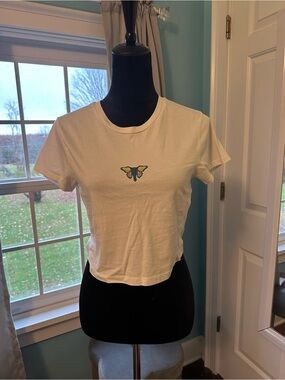 ivory ella White Crop Tee with Yellow & Blue Butterfly
